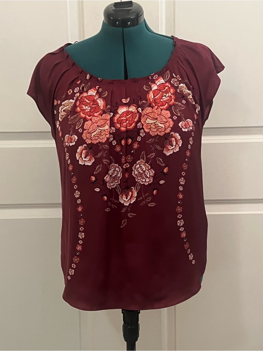 Elle Burgundy Floral Embroidered Cap-Sleeve Top